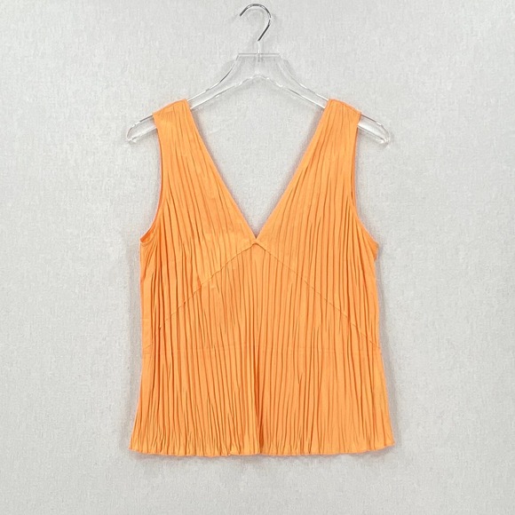 VINCE  Shirt Womens Medium Orange Pleated Sleeveless V-neck Shell Top - Picture 3 of 16